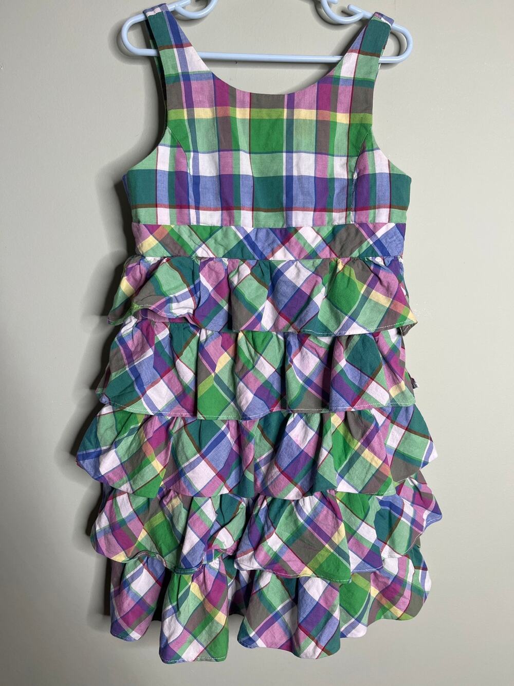 Ralph Lauren Girls Plaid Pleated Ruffle Sundress Purple Green 8